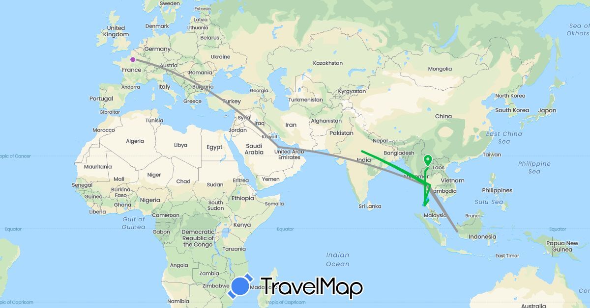 TravelMap itinerary: driving, bus, plane, train, boat in Bahrain, France, India, Thailand (Asia, Europe)